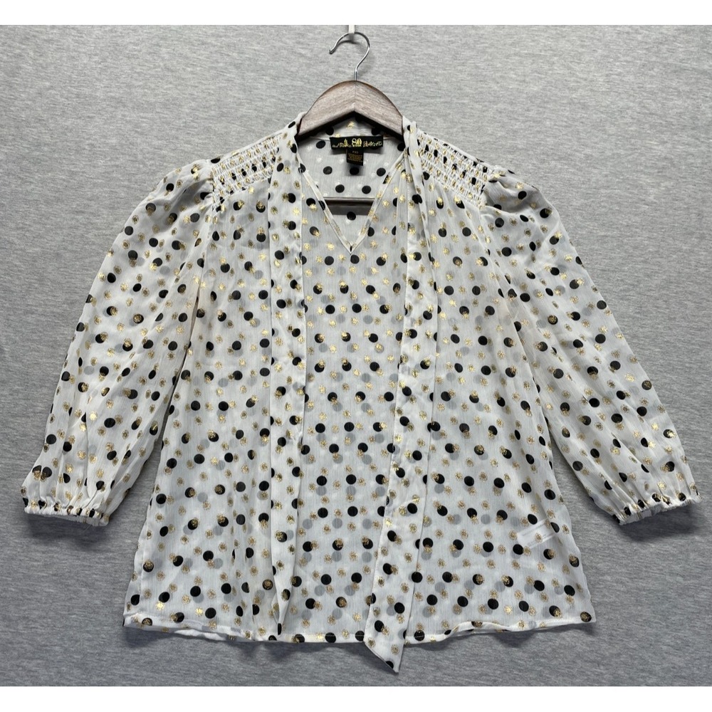 80 Park Sheer Blouse Top Women PXS White Polka Dot Elastic Cuff V Neck Tie Front